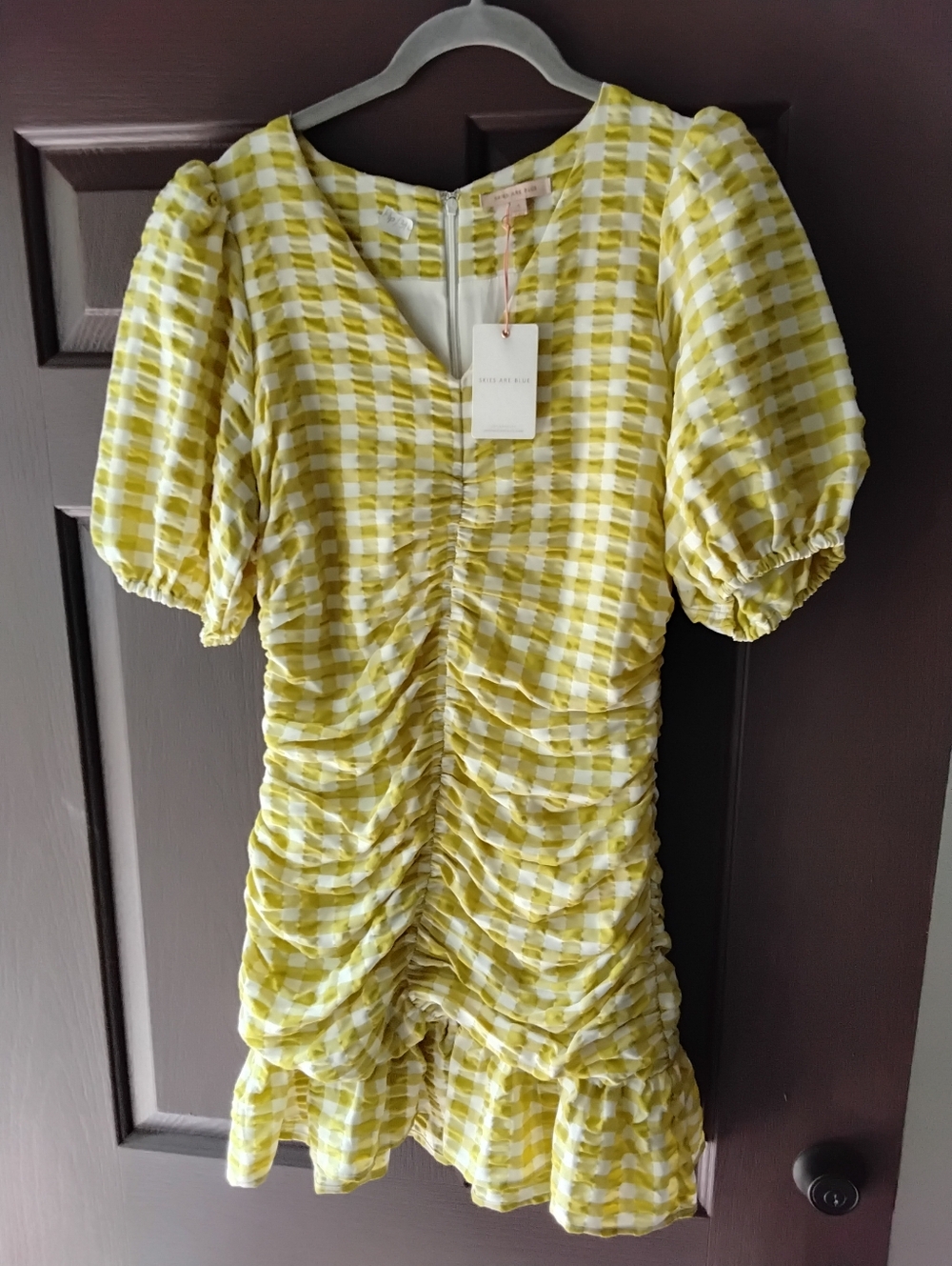 Skies Are Blue Yellow Gingham V-Neck Ruched Mini Dress Small Nwt - Picture 2 of 6